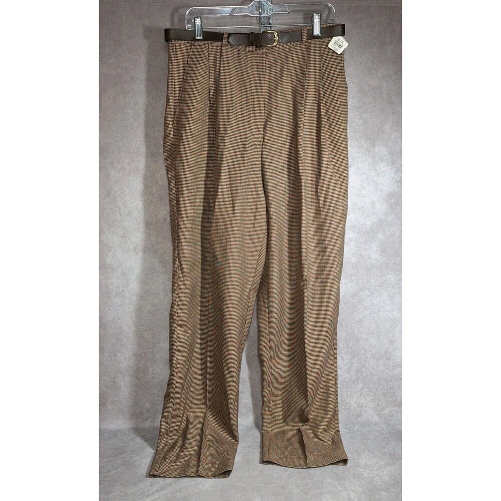 Liz Baker Essentials Dress Pants Size 16T Brown Hounds Tooth Slacks Belt Pockets